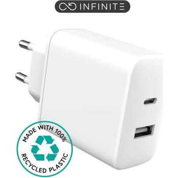 Cargador USB eSTUFF INFINITE EU, 1x USB-C PD 20W, 1x USB-A 12W, Blanco, 98% Plástico Reciclado