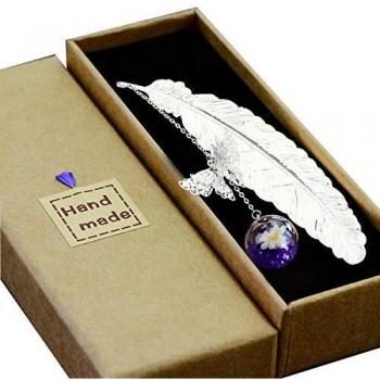 Toirxarn Marcapáginas de plumas de metal, con mariposa 3D y perlas de vidrio Colgante de flor seca eterna. Regalo ideal para lectores, mujeres y niños.