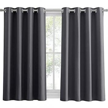 PONY DANCE Cortinas Opacas Salon Gris - Decór Hogar Telas Termicas Aislantes Cortas con Ollaos para Ventana Pequeña Dormitorio y Cocina Protección Privacidad, 2 Uds, 132 x 137 cm