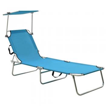 vidaXL Folding Sun Lounger with Canopy - Blue Aluminium, Adjustable Backrest, Lightweight, Weather-Resistant Fabric, Portable Design, Easy to Clean