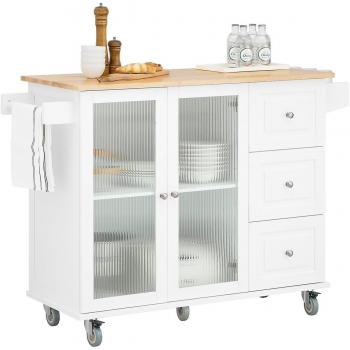 Carrito Auxiliar de Cocina SoBuy con 3 cajones, 2 puertas de vidrio, ruedas, toallero y soporte para botella en blanco y madera, dimensiones 128 x 46 x 92 cm