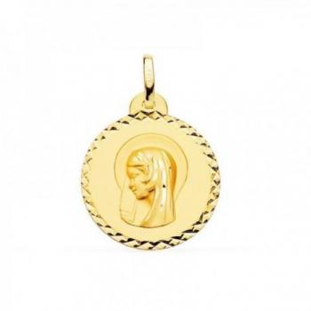 Medalla de la Virgen María en oro 18k para Primera Comunión con borde cruzado y líneas talladas de 20 mm