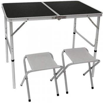 Mesa de Camping Plegable 90x60x70cm con 2 Taburetes, Altura Regulable y Formato Maletín, Gris Oscuro