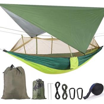Hamaca Ultraligera Impermeable con Mosquitera y Correas para Árboles (Verde)