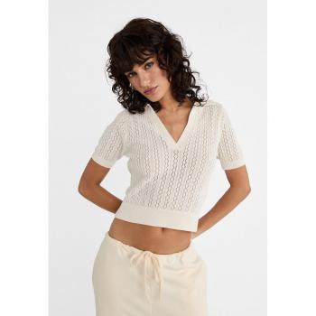 Ecru Openwork Knit Polo Shirt XL