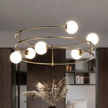 Lámpara Colgante Moderna Balance de 6 Luces en Metal Dorado y Pantallas de Cristal, Altura Regulable, para Bombillas G9 hasta 40W