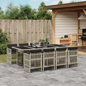 Set de almuerzo de jardín 9 piezas con cojines de ratán sintético gris claro