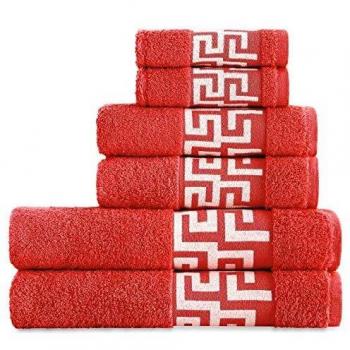 Juego de Toallas de Baño 6 Piezas Lisas. Calidad Rizo Algodon Egipcio 500 gr. Tamaños de Toallas de baño Tocador Lavabo y Ducha Sabana. Toallas baño Grandes. Cenefa Dibujo Cesar. Color Rojo