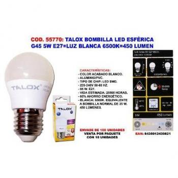 Bombilla LED Esférica G45 5W E27 Luz Blanca 6500K 450 Lúmenes (Caja de 10 Unidades)