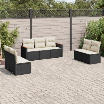 7-Piece Black Poly Rattan Garden Sofa Set with Cushions