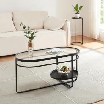 Mesa de Centro Kumla Ovalada de Metal y Cristal Templado 90x43x46cm - Negro