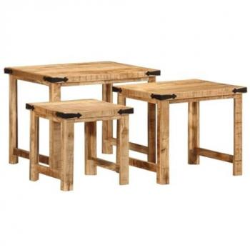 Juego de Mesas Apilables de Madera Maciza de Mango Rugosa - 3 Piezas