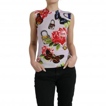 Dolce & Gabbana Elegant Cashmere-Silk Blend Tank Top - IT40|S, Sleeveless, Female, Multicolor, Size: XS Butterfly Floral Cashmere Silk Tank Top