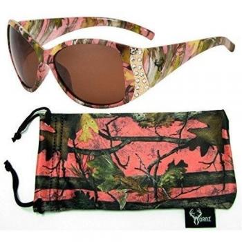 Hornz camuflaje del rosa gafas de sol polarizadas para las mujeres del Rhinestone acentos y que coinciden con bolsa de microfibra - Marco rosado de Camo - ámbar lente