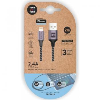 Cable USB 2.0 Tech One Tech TEC2022 de alta calidad con conectores USB macho a Lightning macho, longitud de 2 metros y diseño resistente en color gris