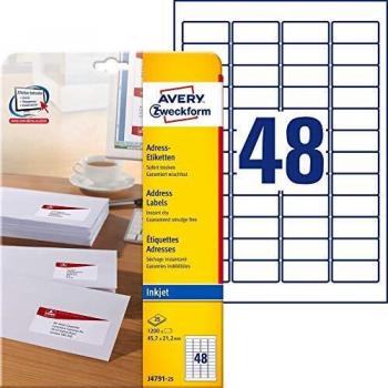 Etiquetas Adhesivas para Impresora Inkjet Avery Zweckform J4791-25, 45,7 x 21,2 mm, Paquete de 1200 Etiquetas (25 Hojas)