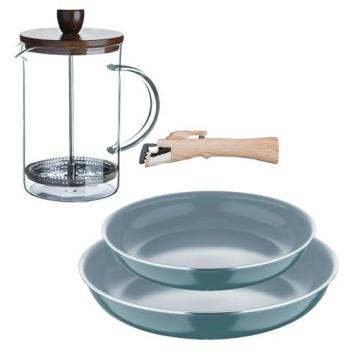 Juego de 2 Sartenes Click&Cook Ø22cm y Ø26cm con Mango Extraíble en Aluminio Prensado + Delantal de Cocina Gris Oscuro 100% Algodón + Cafetera de Émbolo de