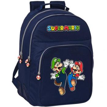Mochila Escolar Adaptable a Carro Safta Super Mario Bros Azul Marino 32x42x15cm