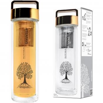 amapodo tetera tarro 400ml doble pared con colador de acero inoxidable y tapa oro