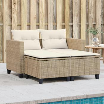 Beige Poly Rattan 2-Seater Garden Sofa with Stools