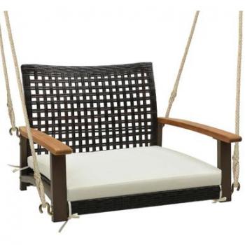 Single Rattan Porch Swing with Armrests, Cushion, & Hanging Ropes