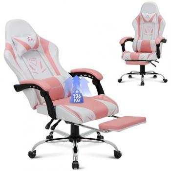 Silla Gaming Ergonómica Rosa con Reposapiés, Soporte Lumbar y Dossier Alto, Capacidad de Carga Máxima 136 kg
