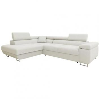 Sofá rinconero Comfivo S101, color marrón claro, con función de descanso y caja de ropa de cama, dimensiones 274x203x70cm