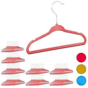 Pack de 80 Perchas Infantiles Antideslizantes con Ganchos Giratorios de Plástico-Terciopelo en Rosa Bebé
