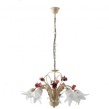 Plafón Colgante de 5 Luces en Color Rosa con Difusor de Vidrio Marfil y Diseño Multi Brazo de 71 cm
