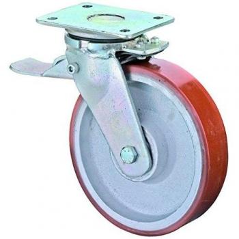 Rueda Giratoria Pesada de 125 mm con Freno y Placa de Anclaje, Capacidad de Carga 550 kg, Poliuretano y Fundición