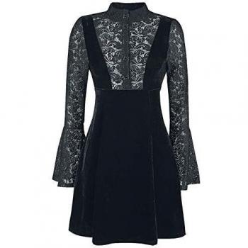 Banned Mini Vestido de Manga Larga Tipo Terciopelo con Encaje - Negro L