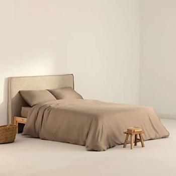 Funda Nórdica Satén 300 Hilos Greige - Juego de Sábanas y Almohadas para Cama de 80, Medida Producto: 140x200 cm, Color: Greige, Cierre con Botones