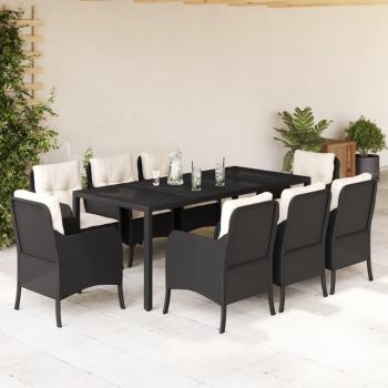 9-Piece Black Poly Rattan Garden Dining Set with Cushions