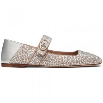 Valentino Garavani Women's Vlogo Locker Leather Strass Embellished Ballet Sandals in Silver, Size 37
