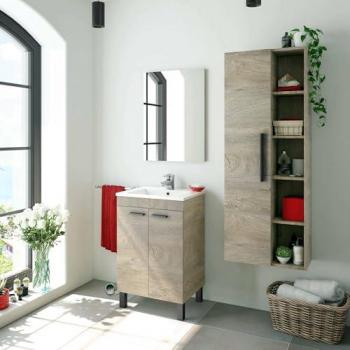 Columna de baño suspendida con puerta y cinco estantes visibles, color roble, 51 x 135 x 25 cm