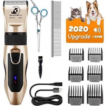 Bonve Pet Cortapelo para Perros y Gatos, Cortapelo para Perros Gatos Mascotas Profesional, Bajo Ruido Menos de 50db, con 11 Accesorios, Cargador, Base de Carga