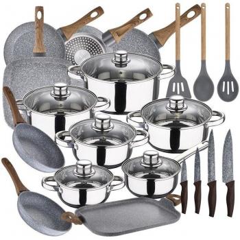 Batería de Cocina 12 Piezas San Ignacio Cassel en Acero Inoxidable y Menaje de Cocina 7 Piezas (Sartenes y Plancha) San Ignacio Daimiel en Aluminio