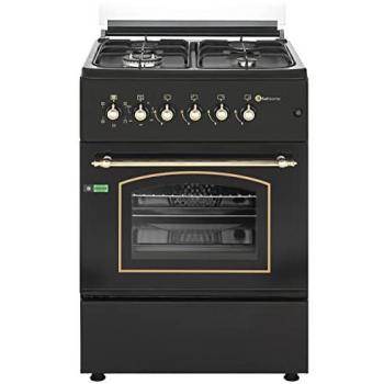 Cocina Gas Solthermic F6S40E5RB Negra Rústica con Horno Eléctrico Multifunción 60L, 4 Fuegos con Encendido Automático, Mandos Dorados, Ancho 60