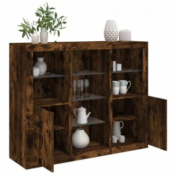 Aparador con luz LED de 3 piezas en madera de ingeniería roble ahumado, mueble de almacenaje moderno para salón, armarios con puertas y cajón de madera, buffet y armario auxiliar