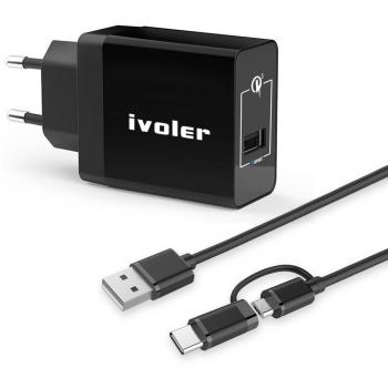 iVoler Quick Charge 3.0 Type C Cargador de Red 18W con 2 en 1 Cable Cargador Micro USB y Tipo C, Cargador Pared para Móvil, Tableta, Baterías Externas, Cargador Portátil, etc. - Negro