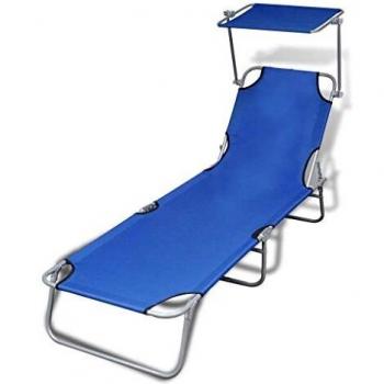 vidaXL Folding Sun Lounger with Canopy Steel and Fabric Blue