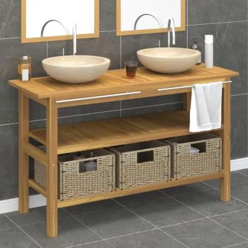 Tocador de Baño con Lavabos de Mármol Crema y Madera Maciza de Teca