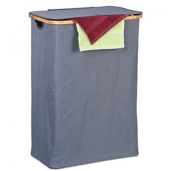 Cesto de Ropa Sucia Plegable con Tapa, 105 l, Bambú y Poliéster, Portátil, Gris/Natural - Relaxdays