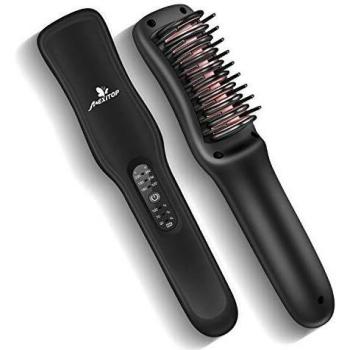 Mini Cepillo Alisador de Pelo Inalámbrico, Cepillo Moldeador Eléctrico de Cerámica con Calor para Alisar el Cabello sobre la marcha, Peine Plancha Alisadora Portatil-Temperatura Ajustable de 3 Niveles