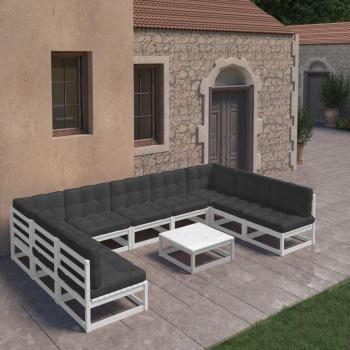 vidaXL Set de Muebles de Jardín 10 pzas con Cojines Blanco Madera Maciza Pino