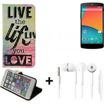 360° Funda Smartphone para LG Electronics Google Nexus 5, 'live the life you love' + auriculares | Wallet case flip cover caja bolsa Caso Monedero BookStyle - K-S-Trade