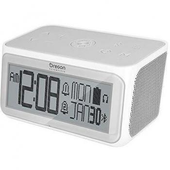 Oregon Scientific Despertador con Altavoz Bluetooth, Dos Horas de Despertador, Hora, Fecha, Salida de Auriculares de 3,5 mm y micrófono Incorporado para Usar como Manos Libres
