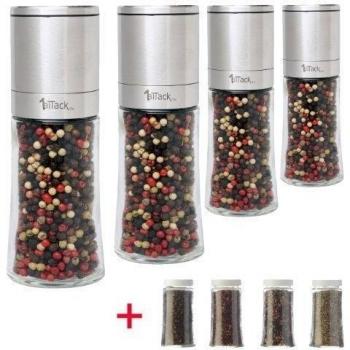 Juego de 4 molinos de especias con molinillo de cerámica ajustable molino de sal noble molino de pimienta molino de chile - 8 piezas 4 molinos y 4 vasos de repuesto - sin contenido de especias - acero inoxidable 150ml