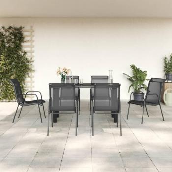 7 Piece Black Steel and Textilene Garden Dining Set