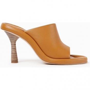 Chic Orange Leather Heeled Mules for Women with Wooden Heel